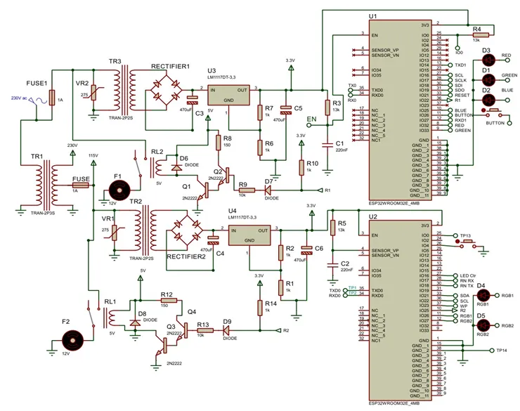 End-to-end circuit diagram of the dual ESP32-WROOM-32E gateway system, showing the rectifiers, relay drivers, and RGB status LEDs for MK110 and MK107
