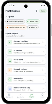Yambiro Plant Insights screen showing machine status, health percentage, session alerts, and an explorable list: Compare machines, AI stability, Health trend, Energy & runtime, Data quality, Historical trends